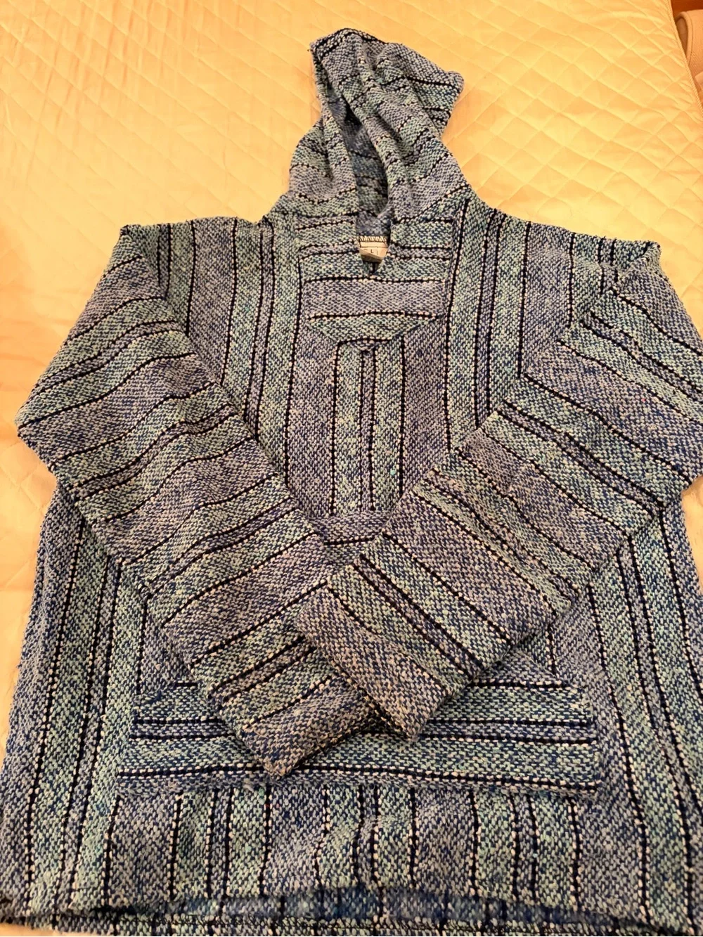 Men's Hooded Crewneck Sweater in Light Blue Stripe